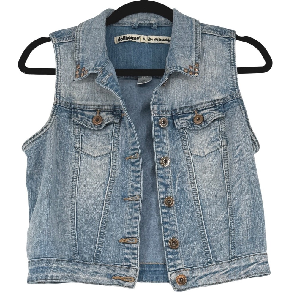 Dollhouse Womens Blue Denim Studded Vest Light Wash Cropped Size M WW-9552CR